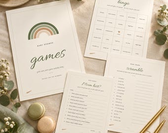 Baby Shower Games Bundle Printable, 30 Baby Shower Bingo Cards, Sage Green Boho Baby Shower Games, Gender Neutral Party Activities