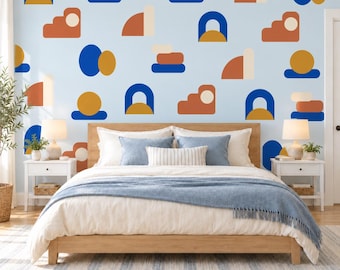 Abstract Shape Wall Stickers, Mid Century Modern Decor, Geometric Wall Decals, Kids Room Blue Mustard Terracotta Peel and Stick Wall Art