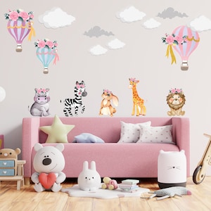 Safari Animal Wall Sticker Nursery Wall Sticker Boho Nursery Decor Hot Air Balloon Wall Sticker Cloud Wall Decal Animal Nursery Wall Sticker