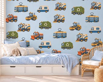 Vehicle Wall Stickers, Transport Nursery Decor, Bin Lorry Tram Post Van Wall Decals, Boys Kids Room Crayon City Peel and Stick Wall Art