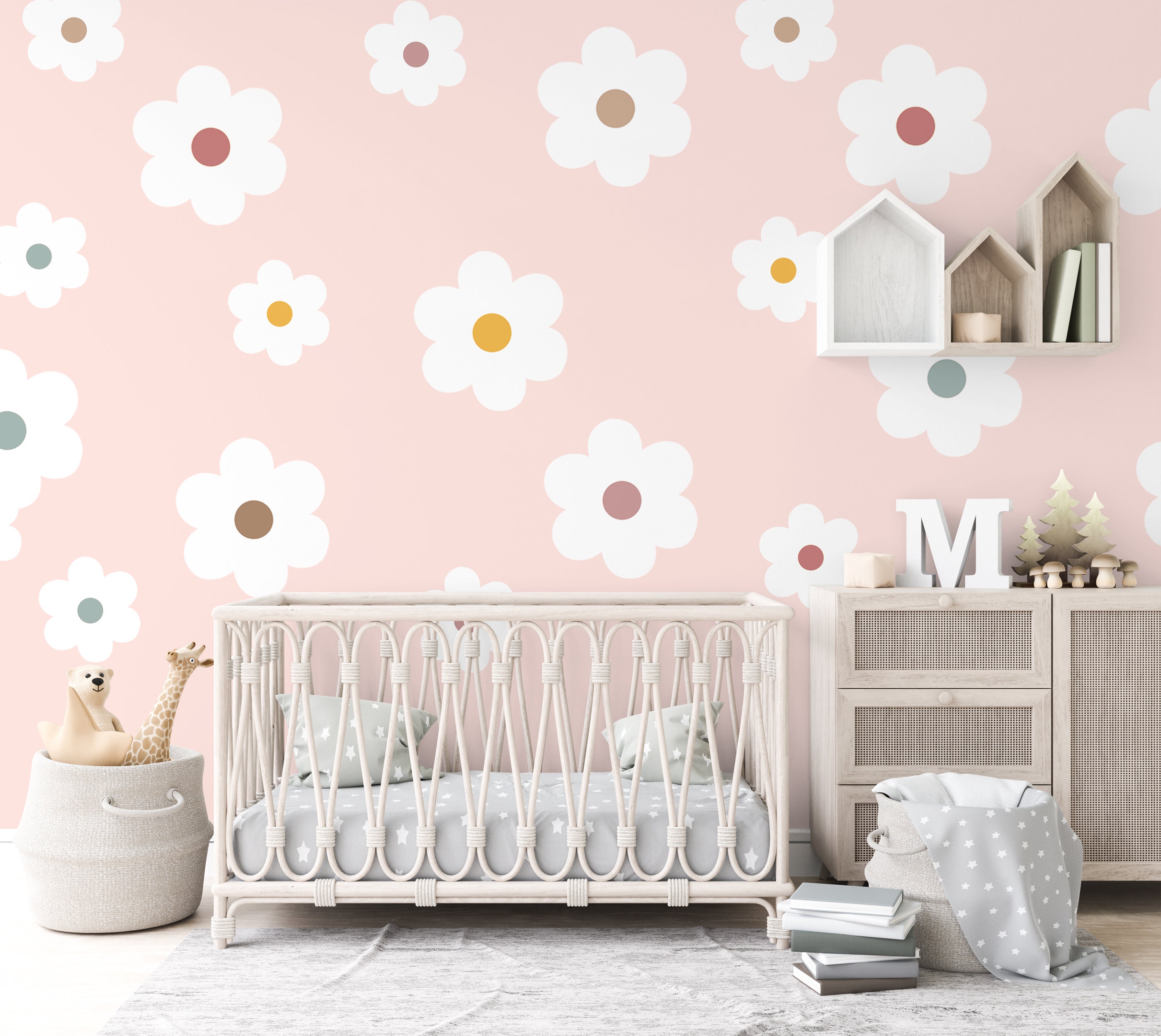 Adesivi murali in tessuto con motivi floreali in stile boho, dipinti a mano, ideali per la cameretta dei bambini (rimovibili). - Italia