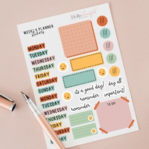Foglio di adesivi per agenda settimanale con motivazione quotidiana colorata. Adesivo grafico personalizzato per diario, adesivo per diario, set di adesivi per taccuino