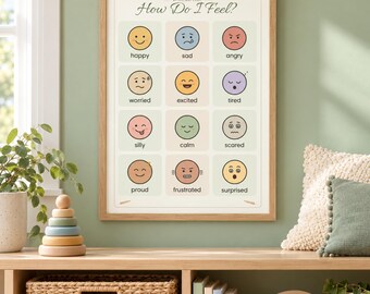 Feelings Cards for Kids Printable, Emotions Chart Poster, Calm Down Corner Cards, Feelings Check In, Boho Emotion Faces, A4 & Letter