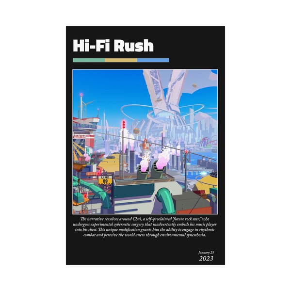 Hi-Fi Rush Poster, Game Info Art, Video Game Vertical Poster, Gaming Wall Art, Game Home Decor, Gaming Poster Gift