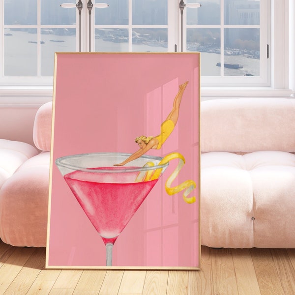 Retro Cocktail Wall Art, Retro Funky Martini Cocktail Print, Bar Cart Wall Art, Pink Colorful Vintage Aesthetic, Drinking Poster, Bar Decor