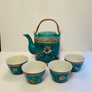 Chinese Famille Rose Tea Set, Turquoise Chinese Tea Set, Chinese Porcelain Tea Set, Vintage Tea Set, Chinoiserie Tea Set, Set of Four