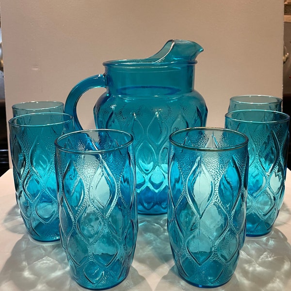 MCM Vintage Turquoise Blue Geometric Anchor Hocking Madrid Set of 6 cups and 1 pitcher, Turquoise Blue Glasses and Pitcher, 60s/70s glasses