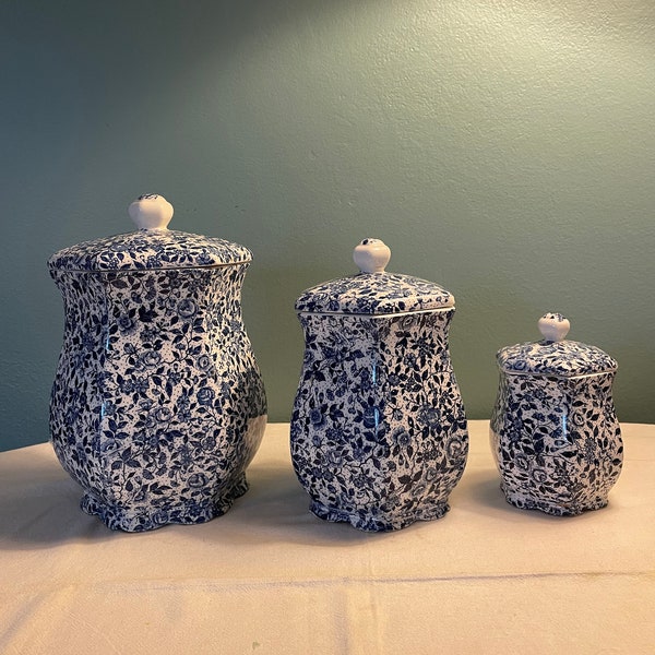Set of (3) Enesco Transferware Food Containers, Chintzware, Dry Food Canisters, Blue and White China, Antique Containers, Pantry Storage