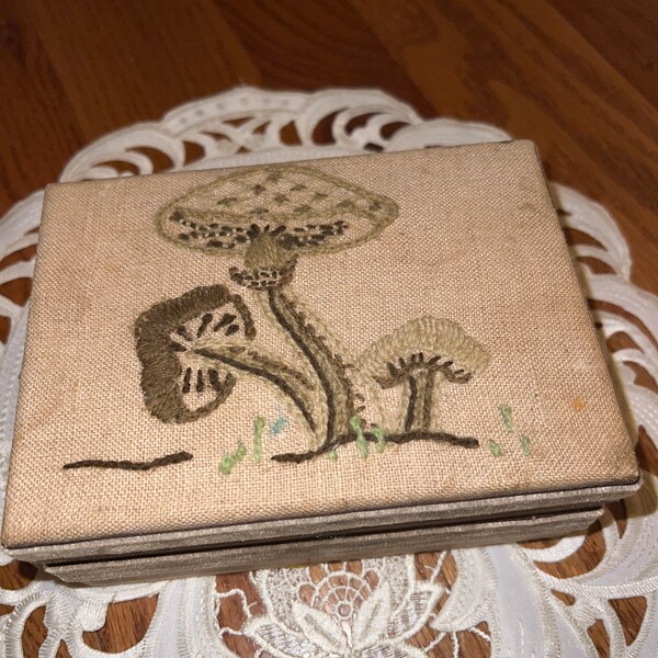 vintage hand embroidered fabric and wooden box approx 5 x 7