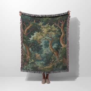 Fantasy Forest Woven Blanket – Green Botanical Tapestry, Fairycore Nature Throw, Fairy Grunge Woodland Decor, Enchanted Forest Blanket