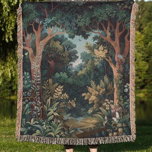 Fantasy Forest Woven Blanket – Green Botanical Tapestry, Fairycore Nature Throw, Fairy Grunge Woodland Decor, Enchanted Forest Blanket