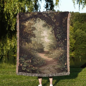 Fantasy Forest Tapestry – Fairycore Botanical Blanket, Green Woven Nature Throw, Enchanted Woodland Wall Hanging, Fairy Grunge Decor