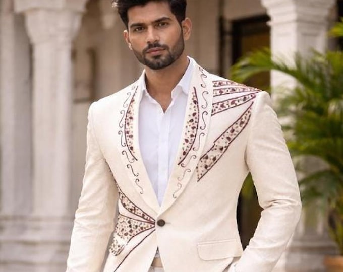 Embroidered Ivory Groom Blazer Set – Indian Wedding Trousers Shirt Custom Tailored | Prom Tuxedo
