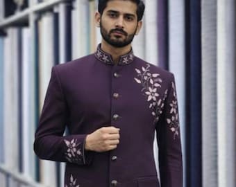 Wine Purple Bandhgala Suit | Hand-Embroidered Jodhpuri Groom Wedding Attire
