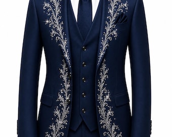 Navy Blue Rhinestone Suit – Crystal Embroidered Prom Tuxedo Blazer Set