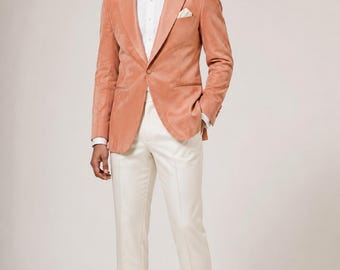 Orange Suede Tuxedo Jacket for Men, Tailored Peak Lapel, Groom Tuxedo with Ivory Bow-Tie