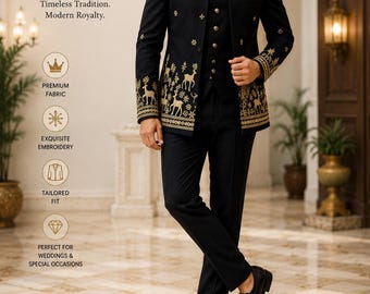 Black Gold Embroidered Indo Western 3-Piece Suit, Royal Wedding Occasion Wear