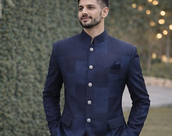 Navy Jodhpuri Suit Wool Blend: Geometrical Bandhgala Wedding Men's S-XXL Paridhan Tailors