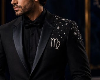 Virgo Zodiac Tuxedo Jacket | Black Silver Celestial Constellation Suit | Satin Lapel