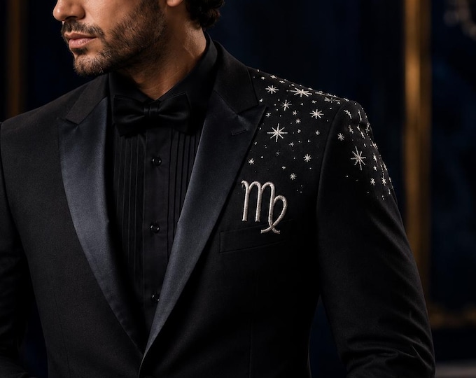 Virgo Zodiac Tuxedo Jacket | Black Gold Celestial Constellation Suit
