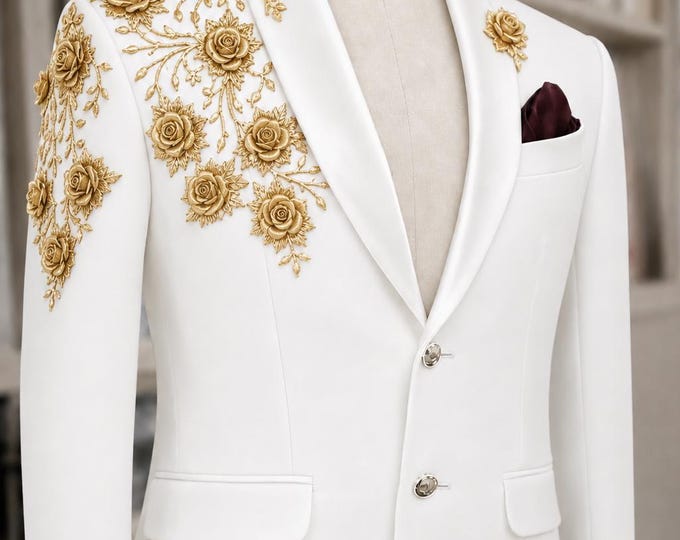 Golden Floral Embroidered Groom Jacket | Custom Made-to-Measure Wedding Blazer