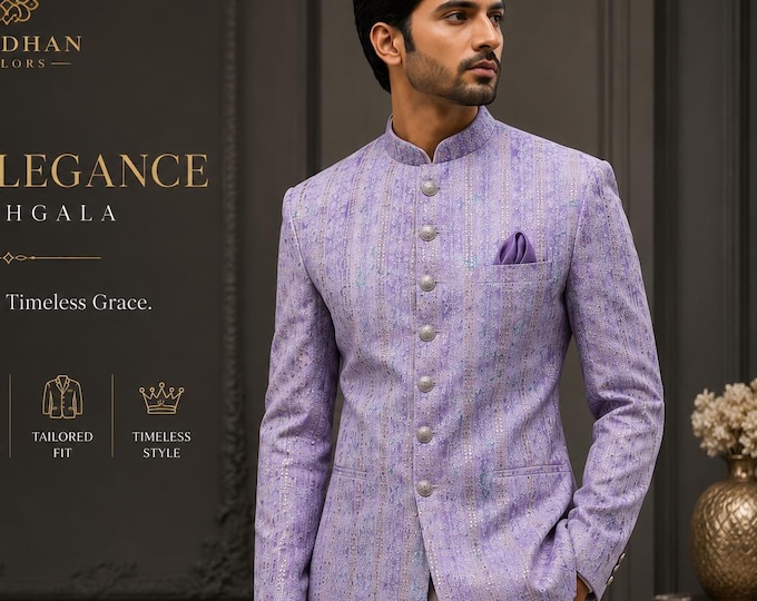 Lilac Bandhgala Jacket, Custom Embroidered Jodhpuri Coat, Groom Reception Outfit