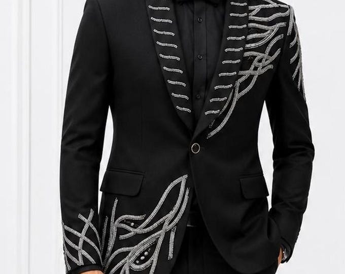 Black Tuxedo For Groom, Silver Detail, Tailored Fit Bead Work, Handcrafted Measwear