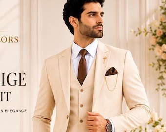 Beige 3 Piece Suit, Peak Lapel, 2 Button Single Breasted