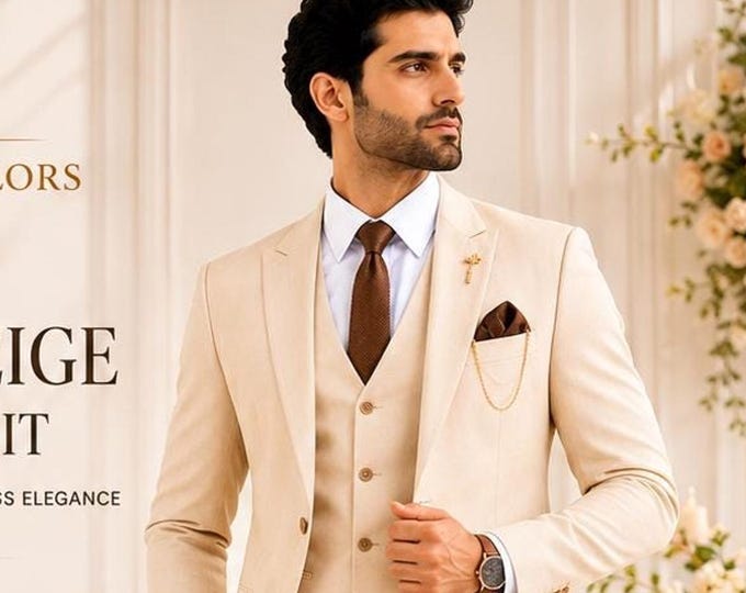 Beige 3 Piece Suit, Peak Lapel, 2 Button Single Breasted