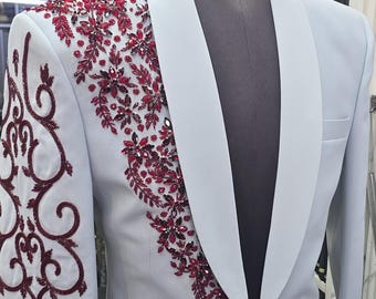 Dusty Blue Embroidered Blazer, Luxury Floral Shawl Lapel Suit, Groom Reception Outfit