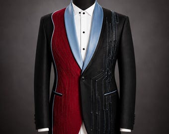 Bespoke Tuxedo Jacket, Color-Blocked Design, Light Blue Shawl Lapel, From Daughter's Sketch