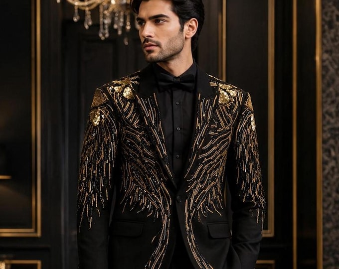 Black And Gold Beaded Tuxedo Jacket, Luxury Handcrafted Zardozi work