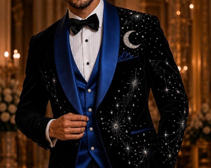Black Tuxedo Suit with Celestial Star Embellishments, Solar System at Back