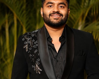 Custom Black Tuxedo Floral Embroidered Jacket, Beaded Prom Suit, Wedding Reception Blazer