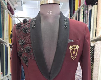 Maroon wedding suit for men, Made to measure tailoring, Floral embroidery detail