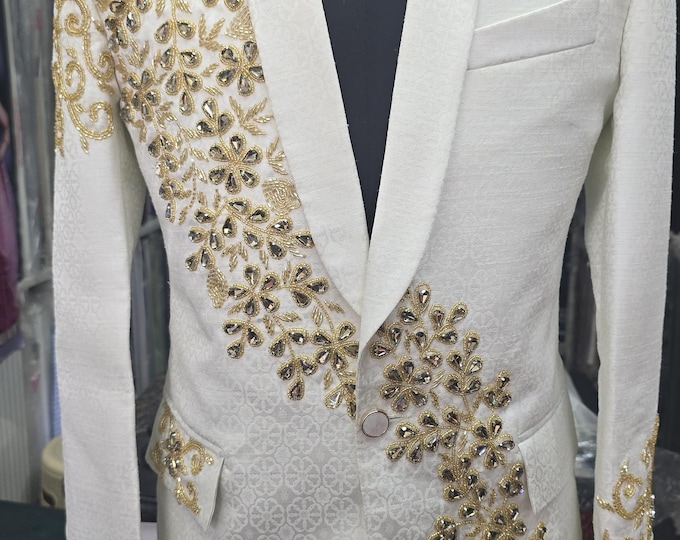White Gold Embroidered Tuxedo Jacket | Custom Groom Wedding Suit, Made to Measure