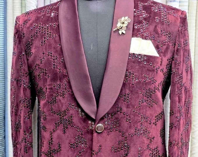 Wine Tuxedo Jacket, Shawl Lapel, Slim Fit Prom Velvet Tux