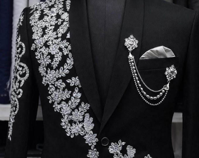 Black Two-Button Suit with Silver Embroidery | Custom Prom and Wedding Suit | Made to Measure
