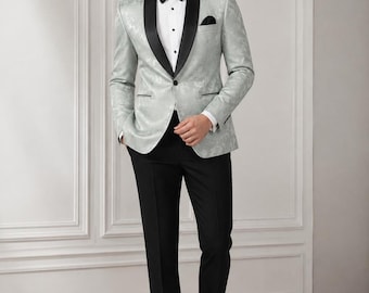 Pastel Green Tuxedo  Floral Jacquard for Men in Black Shawl Lapel Wedding Groom Suit