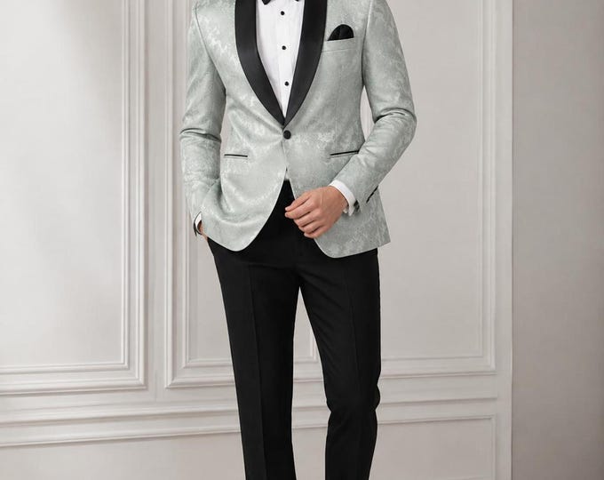 Pastel Green Tuxedo  Floral Jacquard for Men in Black Shawl Lapel Wedding Groom Suit