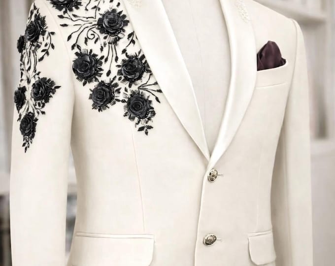 Ivory Groom Suit Jacket – Black Floral Hand-Embroidered, Custom Tailored Tuxedo