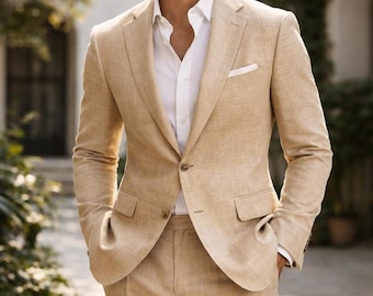 Custom Beige Linen Suit – Slim Fit Summer Wedding Groom Prom Outfit