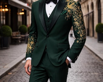 Emerald Tuxedo Men | Handmade Gold Floral Embroidered Prom Suit
