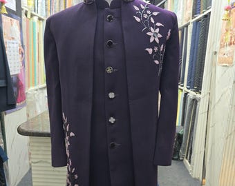 Purple 3 Piece Indo Western Suit for Men, Hand Crafted Embroidery