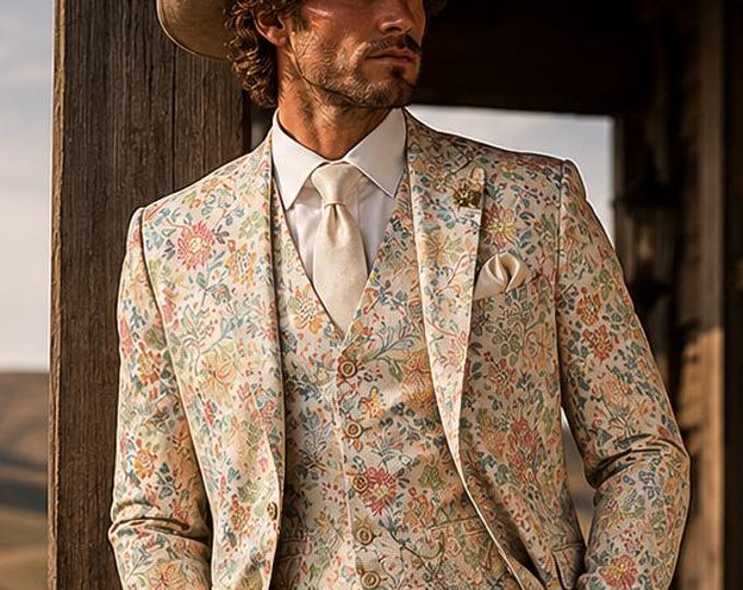Cream Floral Linen 3 Piece Suit | Boho Groom Wedding Outfit, Garden Party Wear