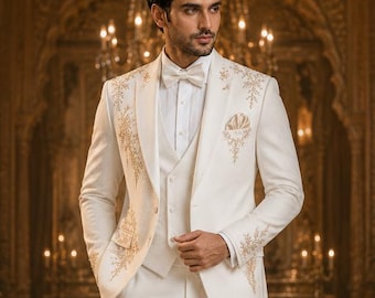 Indian Groom Tuxedo, White Zardosi Handwork, Maharaja Style Reception Suit