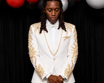 White Gold Rhinestone Prom Suit | Luxury Embellished Wedding Tuxedo Set