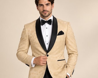 Champagne Gold Jacquard Tuxedo | Custom Wedding Suit, Groom, Prom Outfit