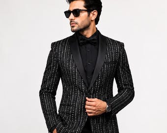 Chaqueta de esmoquin negra con lentejuelas para hombre, blazer de graduación a medida, traje de novio para boda.