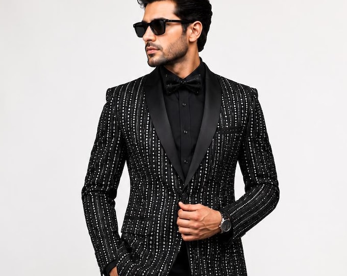 Men's Black Sequin Tuxedo Jacket, Custom Prom Blazer, Wedding Groom Suit